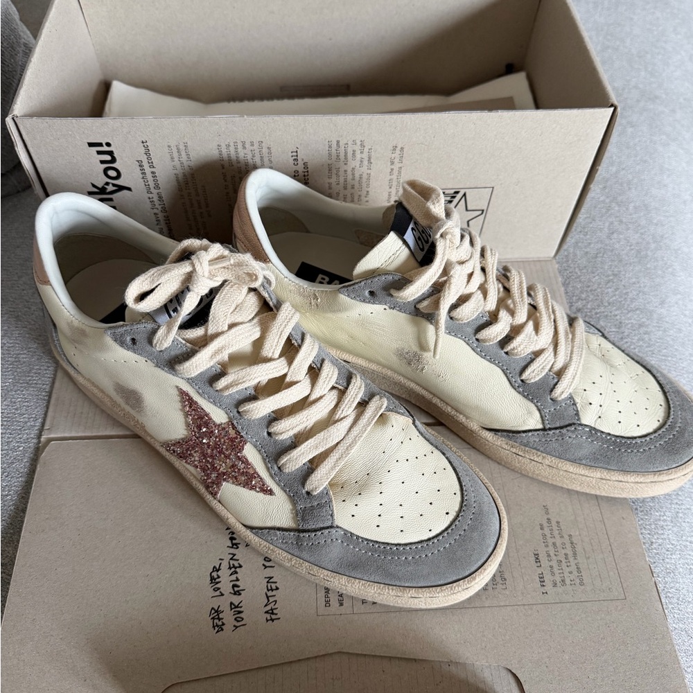 Golden Goose Cream Leather Sneakers with Pink Glitter Star, Size 38 - Picture 4 of 5